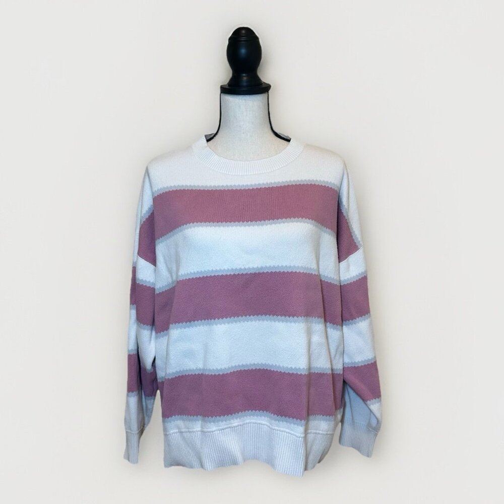 Vans Sweater Women’s Large White With Pink And Blue Stripes Knit Mid Length